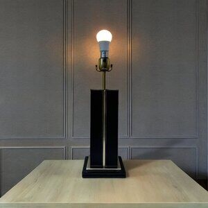 2006 Victoria Hagan Square Brown Column and Brass Gear Table Lamps